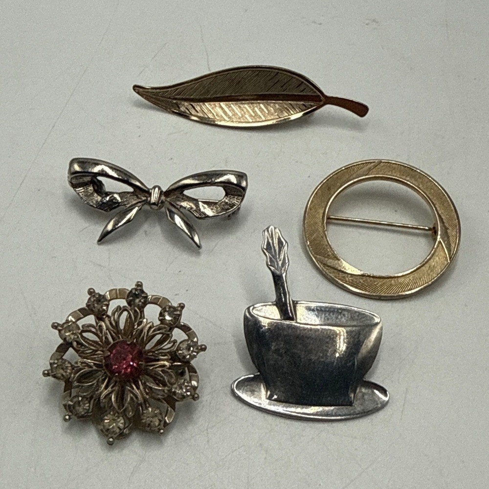 Vintage Brooch Lot 5pc Gold Silver Tone Leaf Bow Teacup Floral‎ Rhinestone Pins